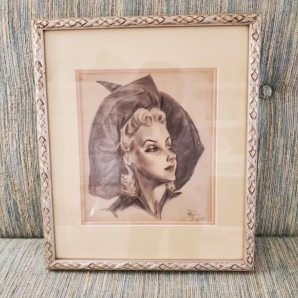 VINTAGE DRAWING OF 1940'S LADY - Picture 1 of 1